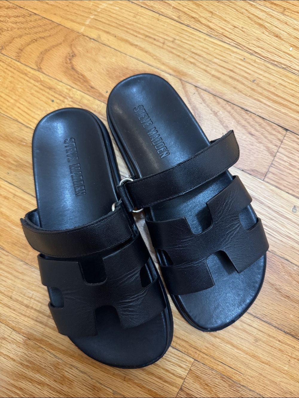Steve Madden Black Leather Double-Strap Slide Sandals